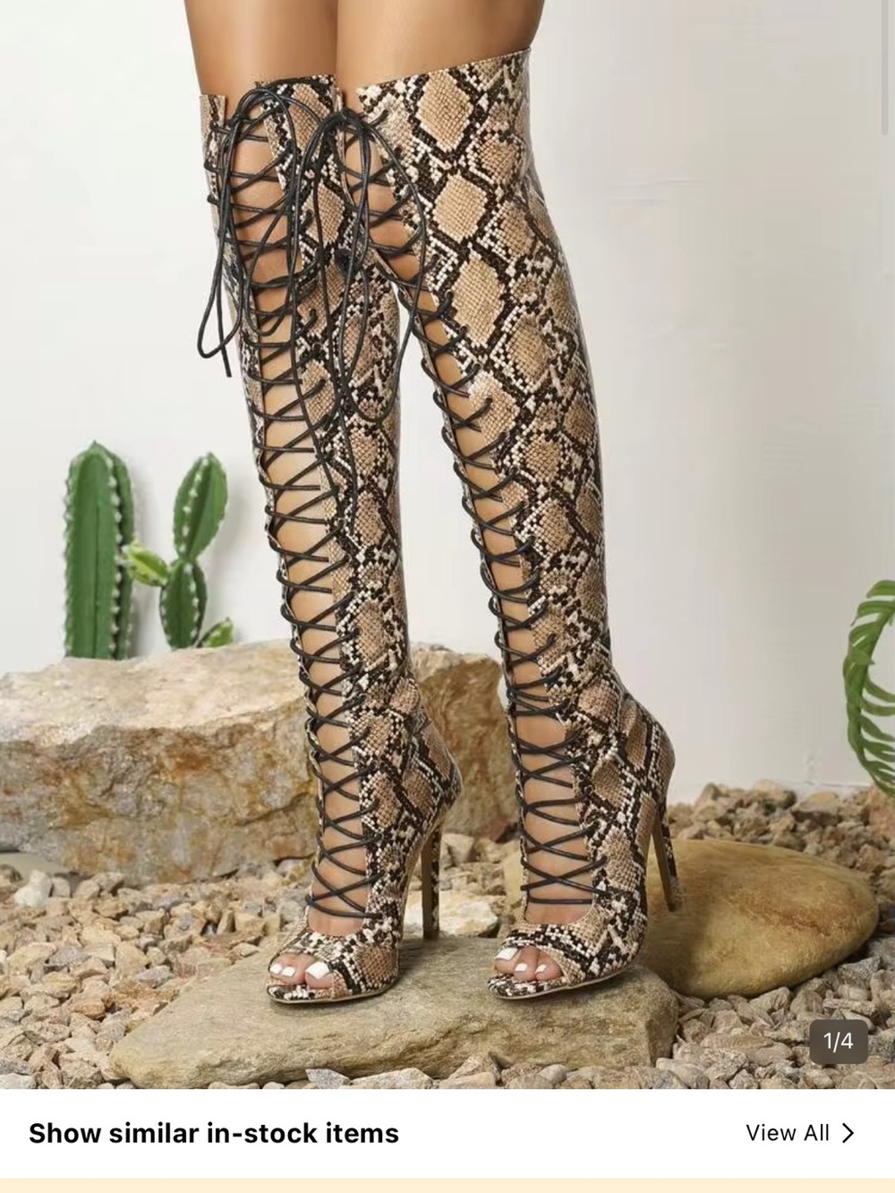 SHEIN Snake-Print Lace-Up Over-the-Knee Stiletto Boots - Brown - Picture 2 of 5